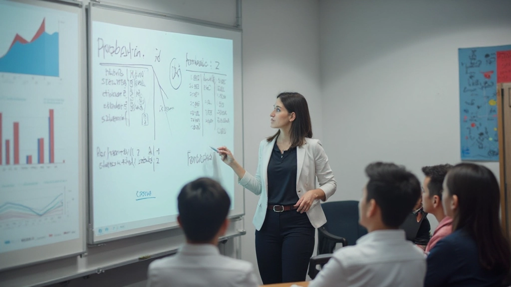 Преподаватель объясняет теорию вероятностей студентам у доски с формулами